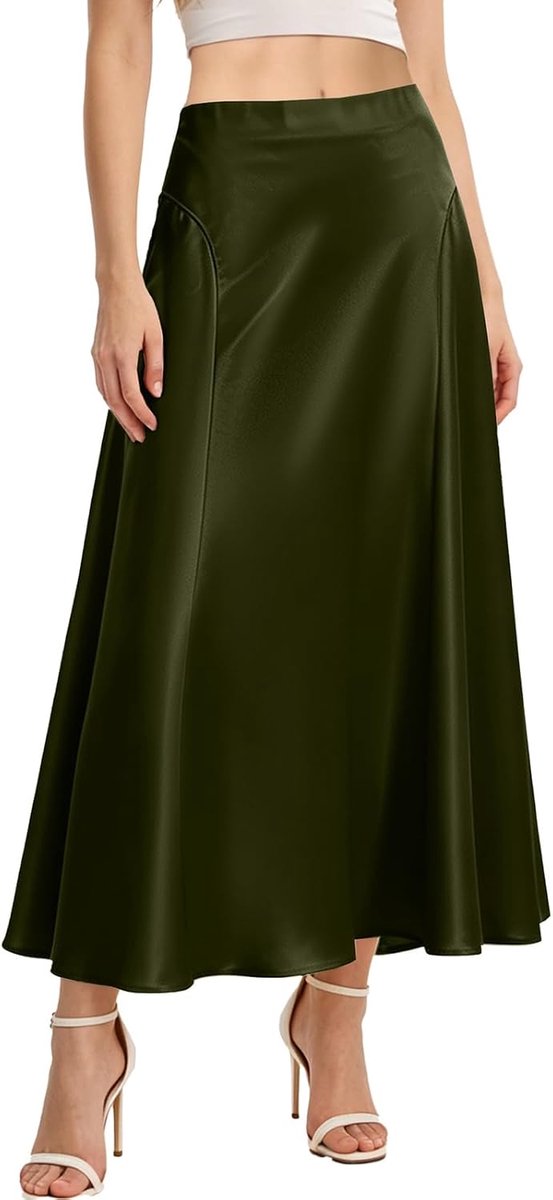 Satijnen rok voor dames, lang, elegant, hoge taille, A-lijn, effen, midi-rok, zomerrok, zakelijk, feestrok