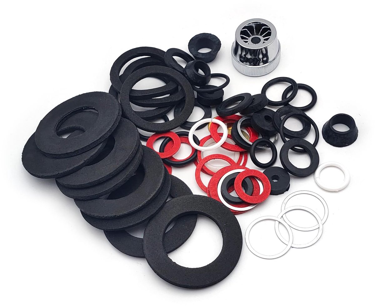 Set van 55 sanitaire accessoires: sluitringen, afdichtingen, platte en ronde O-ringen van ijzer, rubber en schuim met verschillende diameters en diktes – perfecte reserveonderdelen voor elke