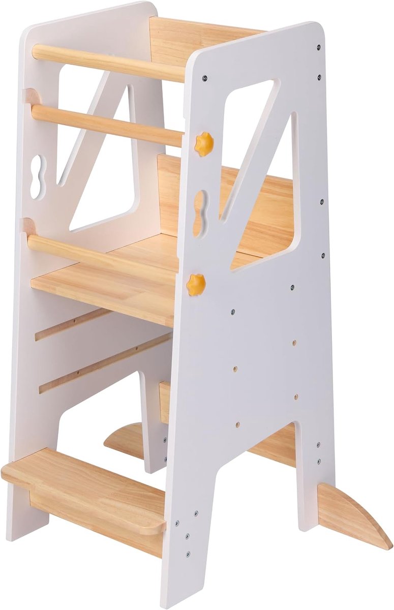 Liv Leertoren Beige/Wit | Leerstoel voor Kinderen | Kinderleertoren In Hoogte Verstelbaar Platform met 3 Treden | 44 x 40 x 90 cm