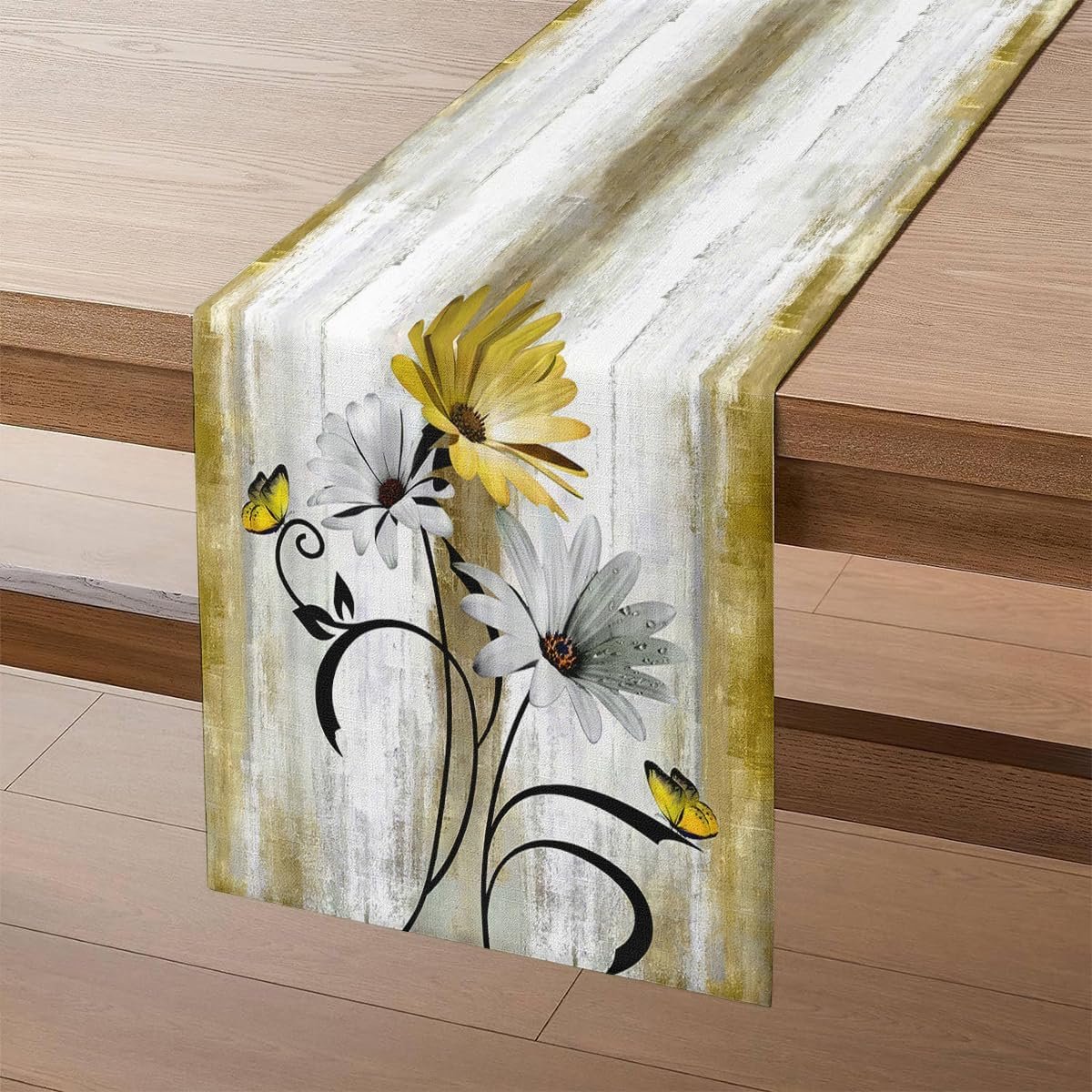 Tafelloper bloemen in geel, mosterdgeel, kurkuma, moderne tafelloper, witte madeliefjes, zwarte bladeren, vlinder, zomer, tafeldecoratie voor binnen, vakantie, feest, decoratie, 40 x 180 cm