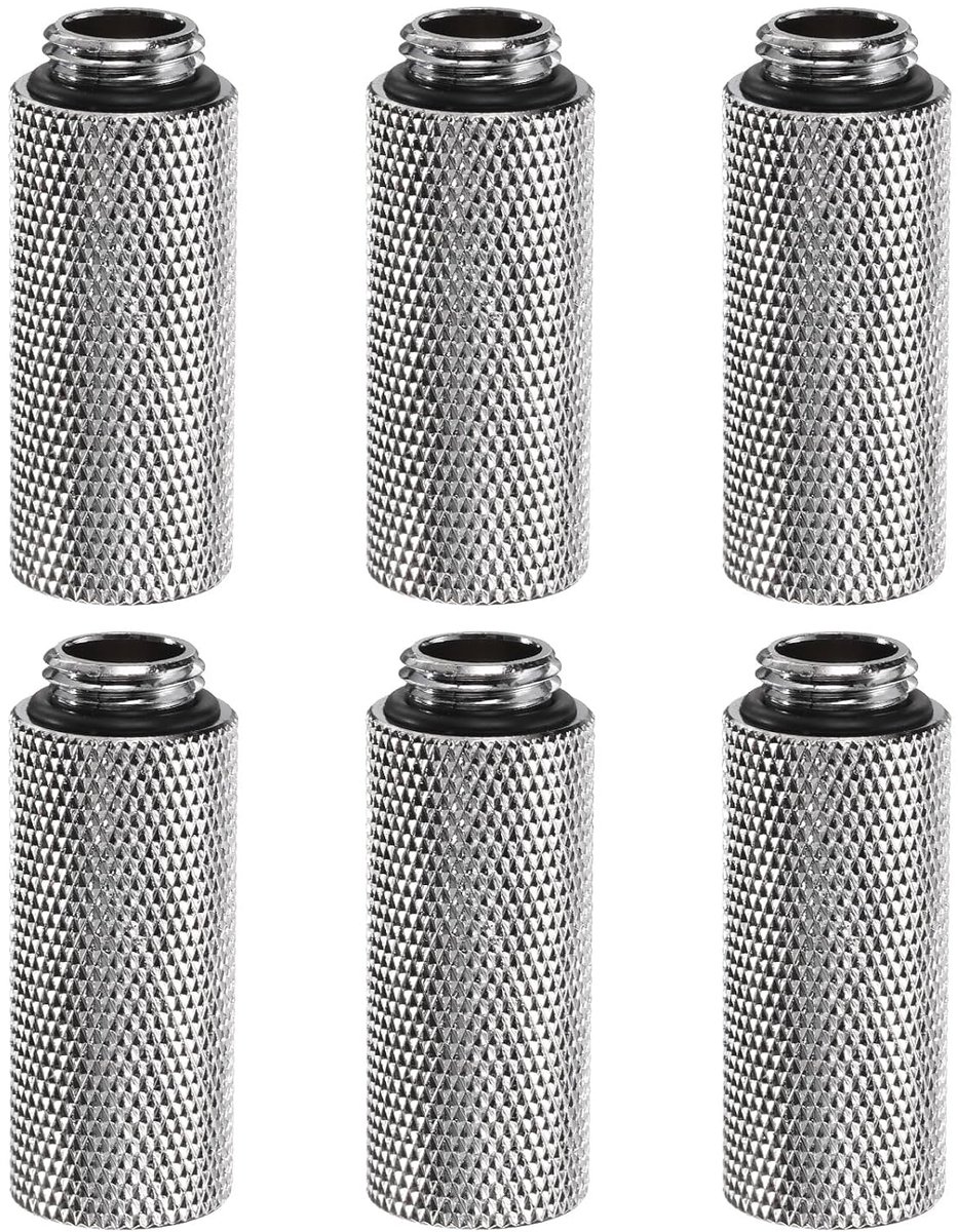 6 stuks waterkoelingsadapter G1/4" schroefdraad mannelijk naar vrouwelijk 1,57 inch kolomlengte mini-compressiefitting koperen verlenging met O-ring voor computer-pc-waterkoelsysteem, zilver