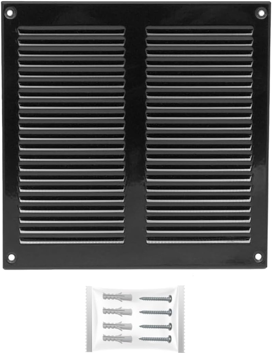 Ventilatiegrille 200 x 200 mm metaal zwart met insectenbescherming – vierkante HVAC weerbescherming Sheet Steel Vent – schroefpijp uitlaat