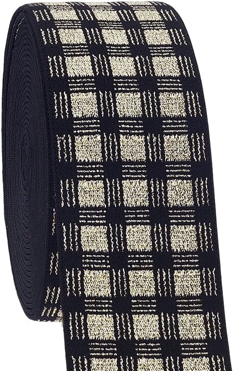 PandaHall 5 Iarde Elastische band met ruitpatroon, zwart, 40 mm polyester, zware stretchband, geruit, stof voor het naaien van kleding, riem, broeken