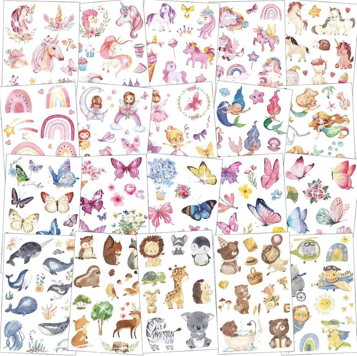 200+ Glittertattoos Kinderen Set, Tattoo Kinderen Meisjes Kindertattoos Huidvriendelijk, Eenhoorn+Zeemeermin+Vlinder+Dier tattoos voor Traktatie Kinderverjaardag