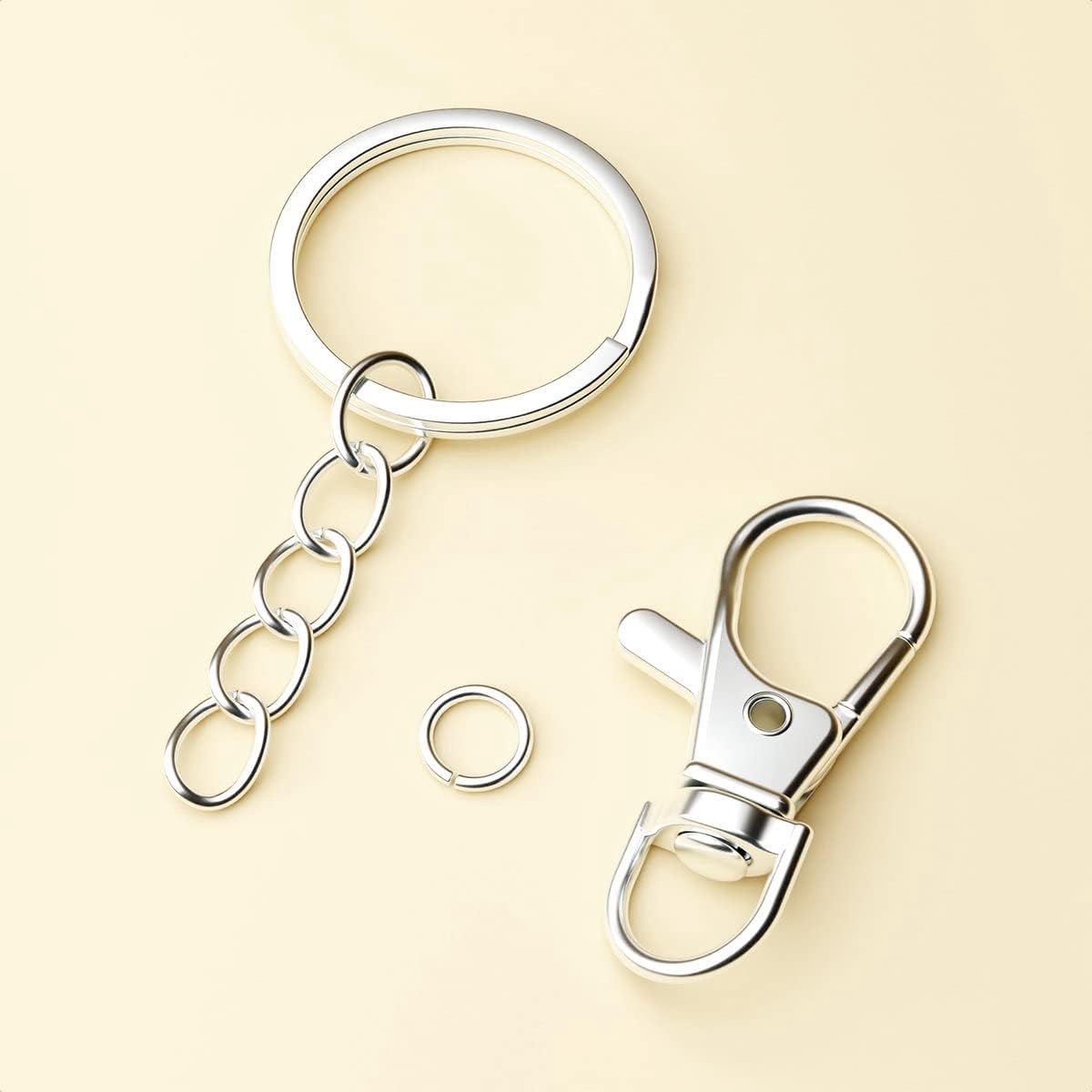 Sleutelringen met karabijnhaak – platte sleutelring 24 mm met karabijnhaak, splitringen en ketting – 50 stuks – RVS