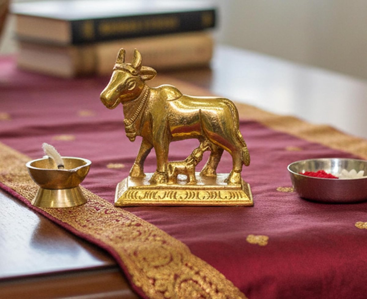 Hindoeïsme geluksbeeldje - Nandi Kamdhenu Kamadhenu Heilige Koe en Kalf Sculptuur Messing - 6,3 cm