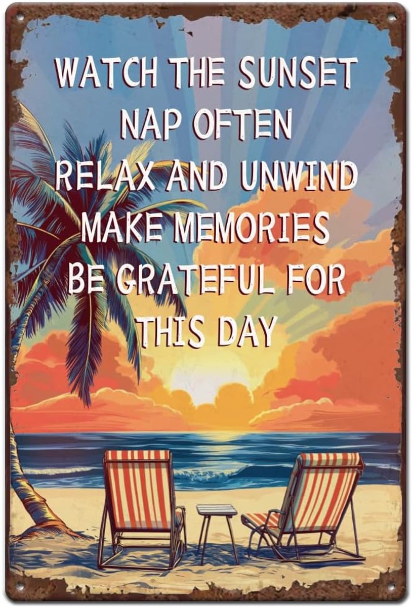 Strand metalen borden kokosboom zonsondergang tinnen borden oceaan muurplaten inspirerende citaten poster kunst voor slaapkamer woonkamer thuis zomer feest vintage decor man grot cadeau