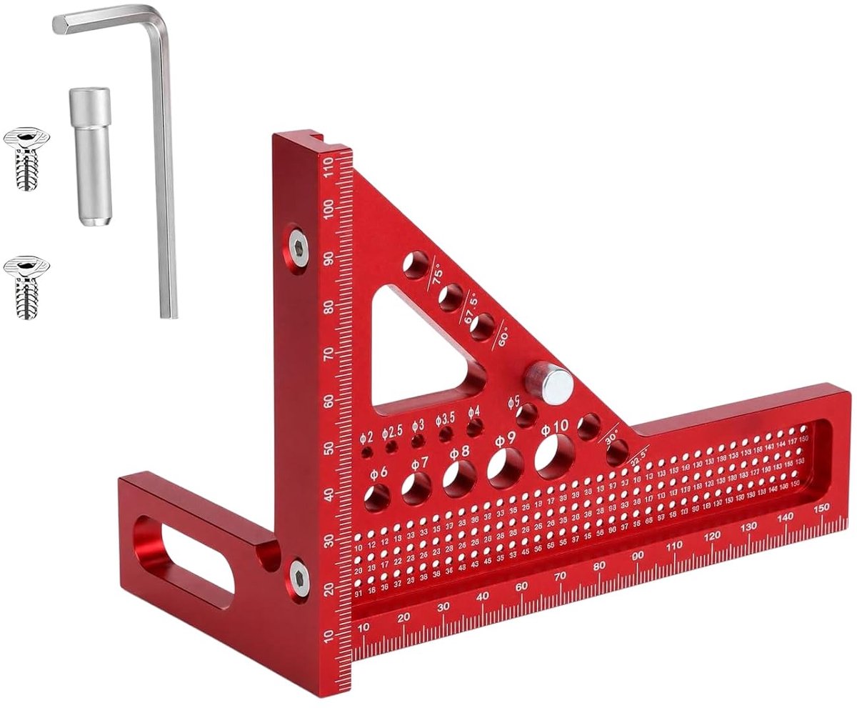 3D-timmerhoek van aluminium, 22,5-90°, multifunctioneel, 5-in-1, 85 x 112 mm, rood (zeer lang model)