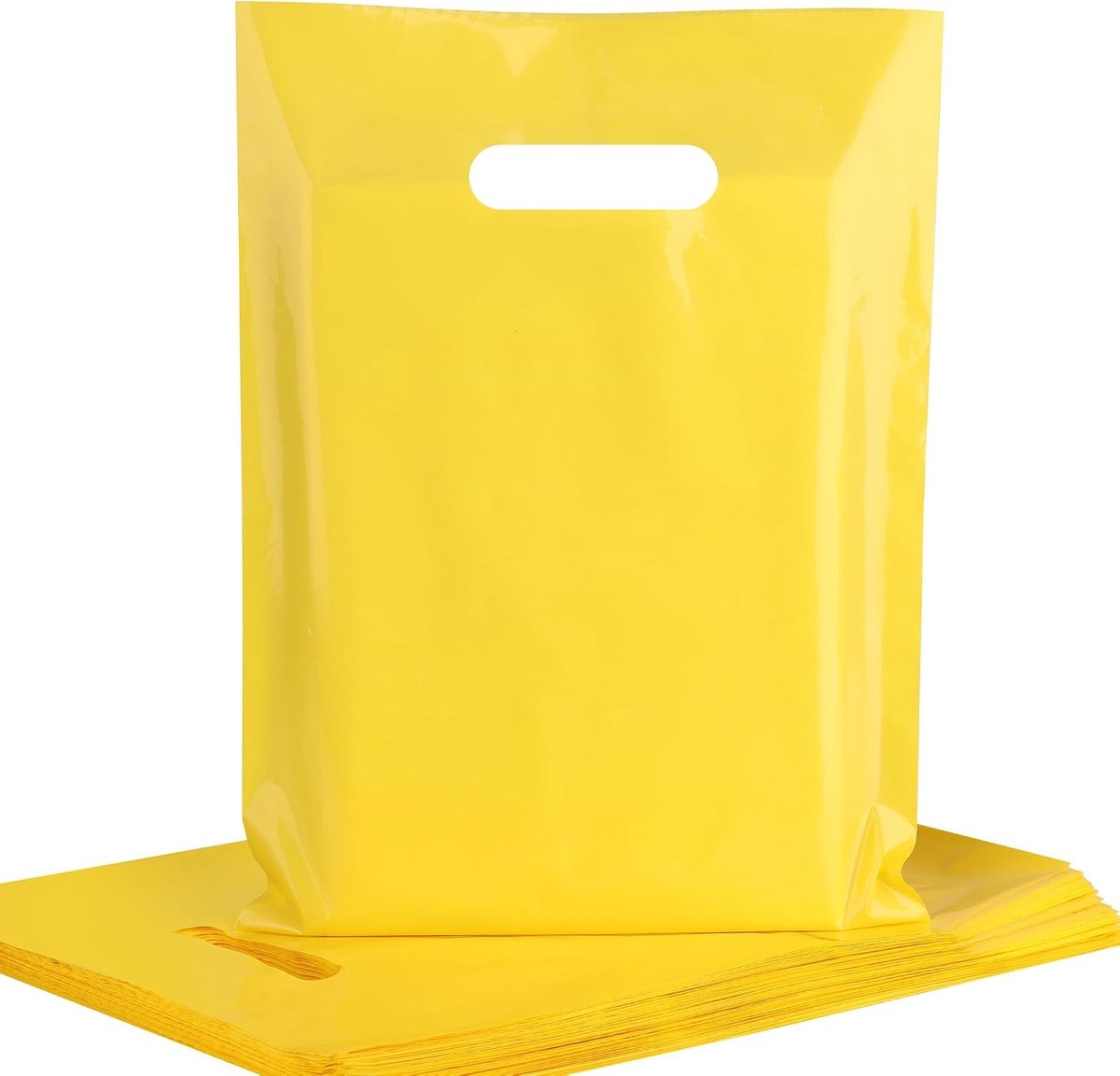 Gele plastic zakken met gestanste handgrepen, verpakking van 100 stuks - 23 x 30 cm, 1,75 mm dikke glanzende gele winkelzakken, bulk voor geschenkverpakking, feestartikelen, verjaardag, klein