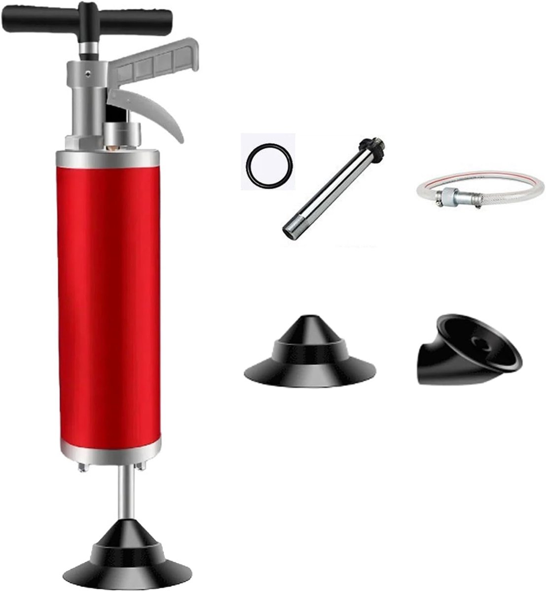 Buisreinigingspomp 0,8 MPa met 2 praktische rubberen adapters en verlengslang, perslucht, buisreiniger, hogedruk-buispomp voor industrie, keuken, badkamer en toilet