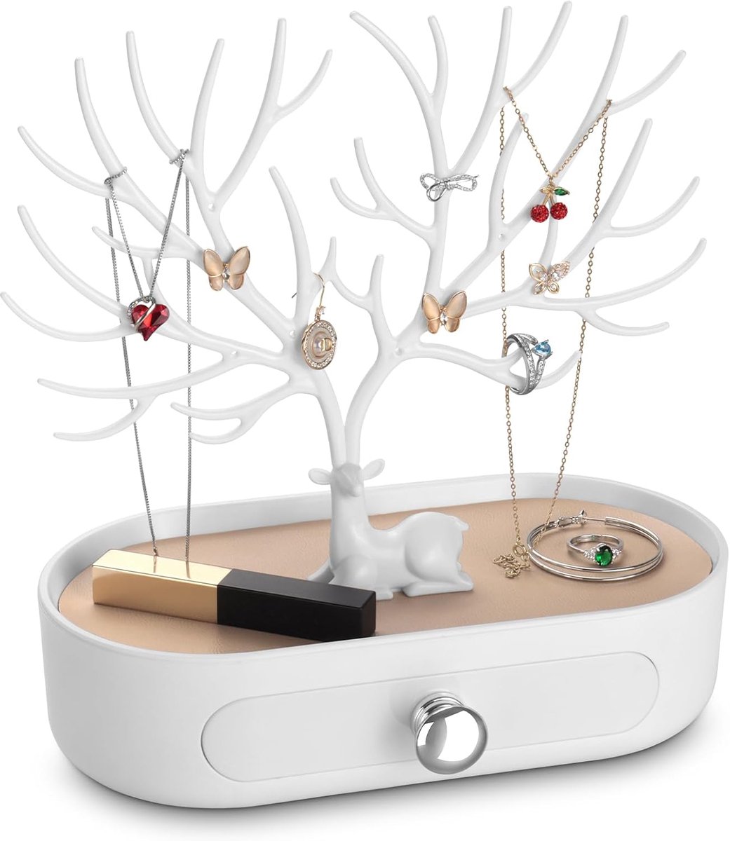 Sieradenstandaard met lade, sieradenboom voor oorbellen, halskettingen, armbanden en ringen, kunststof, verzilverd handvat