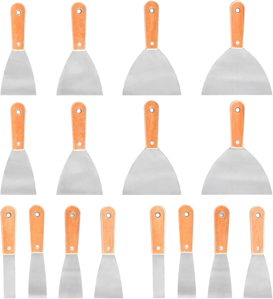 16 stuks spatelset, 8 maten roestvrij stalen spatel met houten handvat, schilderspatel, set behangplamuurmes, gereedschap om schrapen, 25 mm, 40 mm, 50 mm, 60 mm, 75 mm, 100 mm, 125 mm, 150 mm