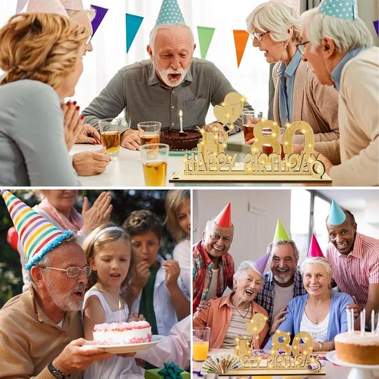 80 jaar geschenken, geldgeschenk verjaardag 80 met LED-lichtsnoer, 80e verjaardag, decoratie, wenskaart voor 80e verjaardag, gastenboek gemaakt van hout, cadeaus voor 80e verjaardag heren dames — afbeelding 2