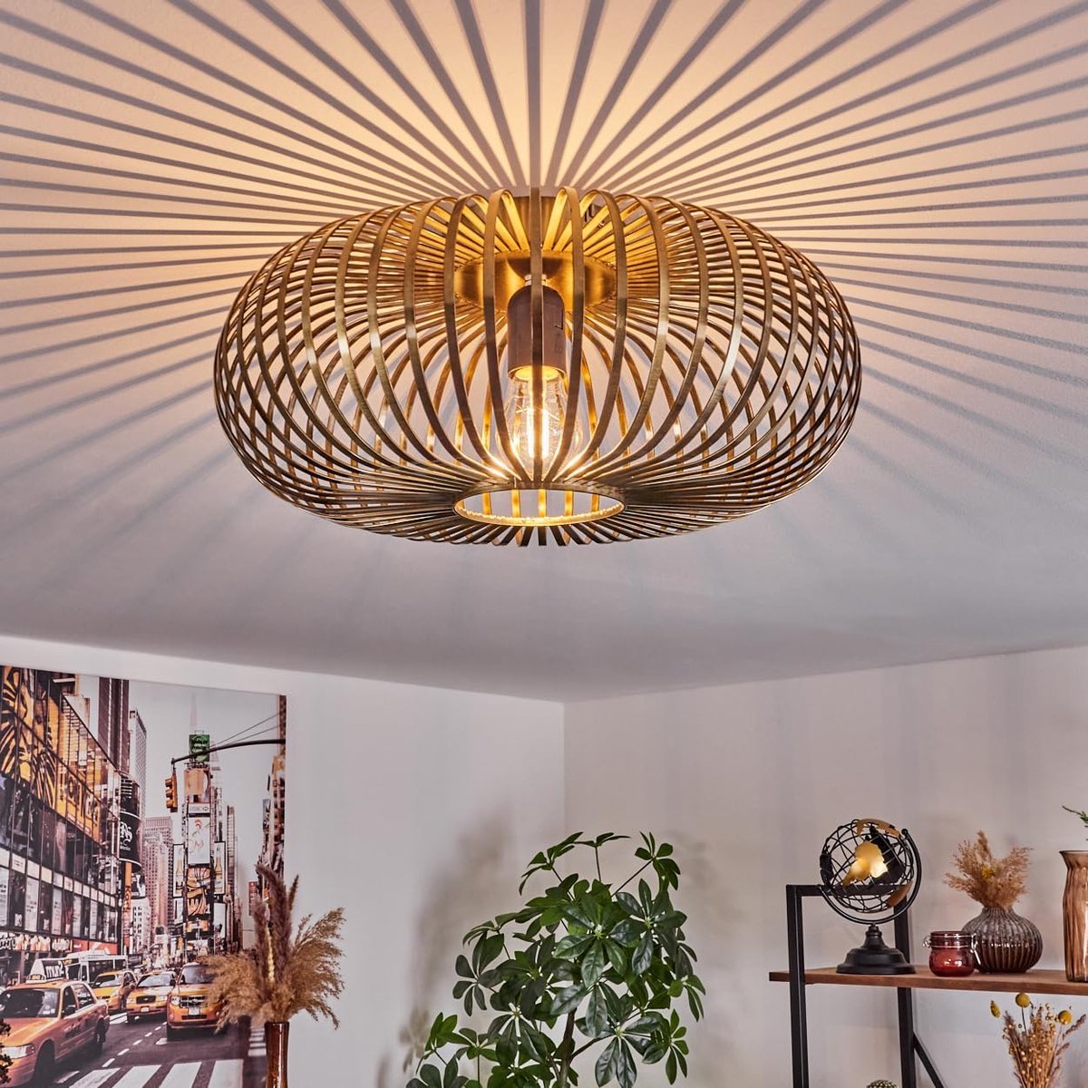 Plafondlamp Oravi, plafondlamp van metaal in messingkleur antiek, retro lamp met rastereffect, Ø 40,5 cm, E27 fitting. zonder gloeilamp
