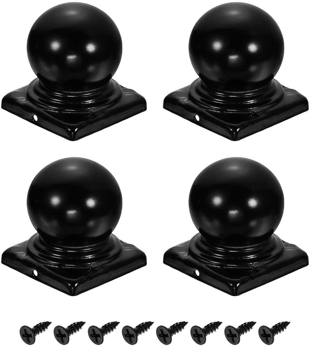 4 stuks hekpaaldoppen, 80 mm, vierkant, waterdicht, kogelbovendeel, ijzeren paaldoppen met schroeven, voor buiten, metaal, hout, hek, dek, brievenbus, terras, zwart