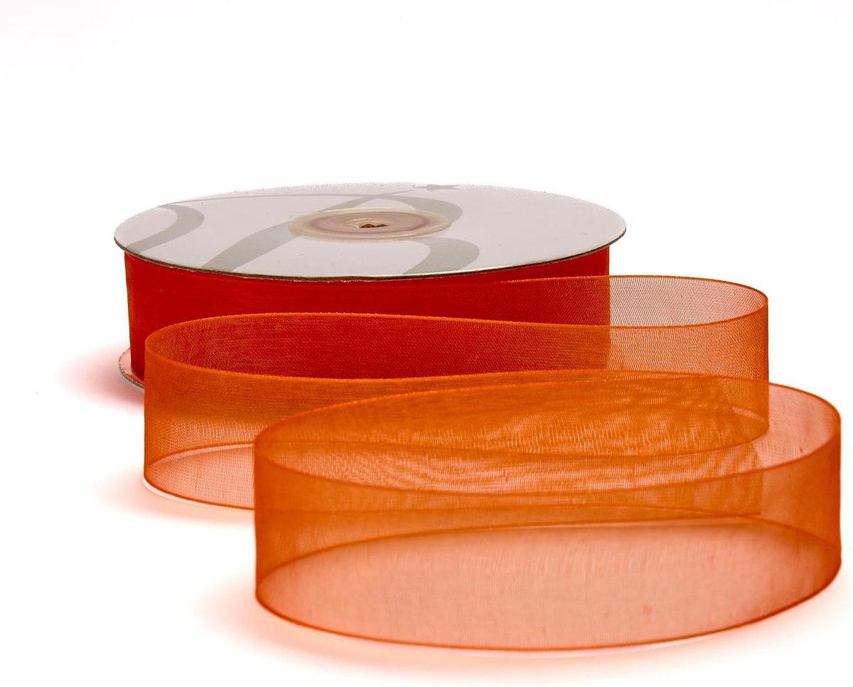 Organza lint 25 mm x 50 m, transparant, voor gastgeschenken, feesten, knutselen, bruiloft, verjaardag, handwerk, Kerstmis, decoratie (oranje)