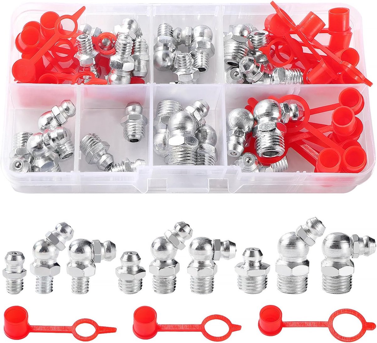 54 Stuks M6/M8/M10 Smeernippelassortimentset, Recht 90° 45° Hydraulisch Smeernippelassortiment, Conische Smeernippel, met Kunststof Smeernippelkap, voor Vetspuiten Mechanisch