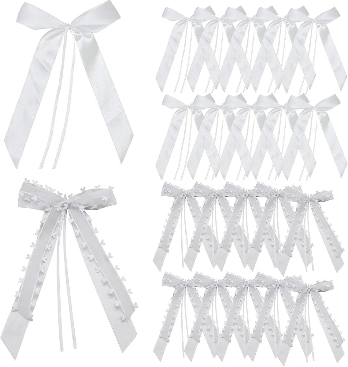 Strikken voor auto, bruiloft, wit, decoratie voor auto, bruiloft, met harten van satijn en tule, autoversiering voor antennes en achteruitkijkspiegel, polyester strikken voor ceremonies en