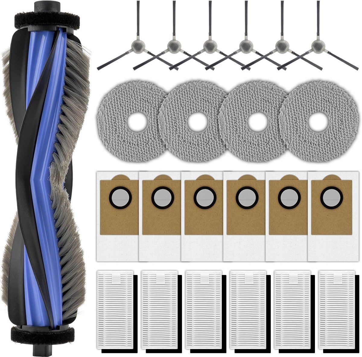 Reserveonderdelen compatibel met Lefant M3 robotstofzuiger, 1 rolborstel, 6 zijborstels, 6 stofzakken, 6 HEPA-filters met schuimfilter, 4 dweilpads, accessoireset