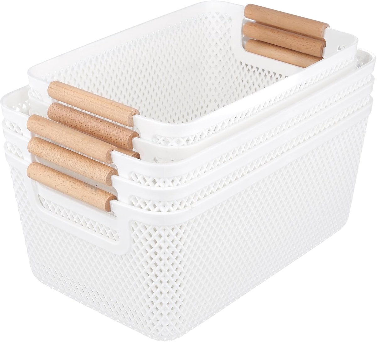 Opbergmandenset, 6 stuks, 26,5 x 18,4 x 12 cm en 30,5 x 20,4 x 14,2 cm, witte opbergdozen met houten handgrepen, stapelbare opbergdozen voor keuken, badkamer, kantoor