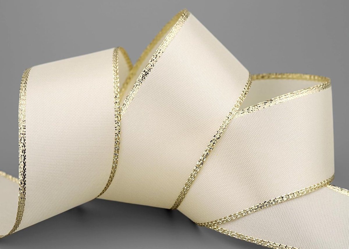 50 m x 40 mm taflint met gouden rand, crème goud, zonder draad, taft, decoratielint, kerstcadeaulint, decoratielint, winter, lurex glans, stoffen lint, metallic