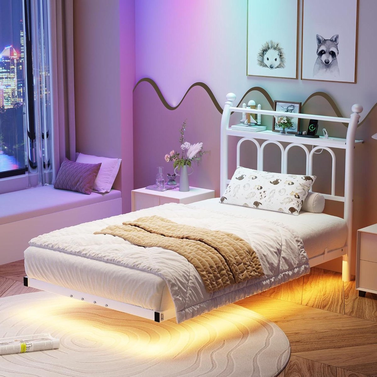 Metalen Bedframe - Eenpersoonsbed Tienerbed - Slaapkamer Inrichten - Met Hoofdeinde en Laadstation - 90 x 200 cm - Wit