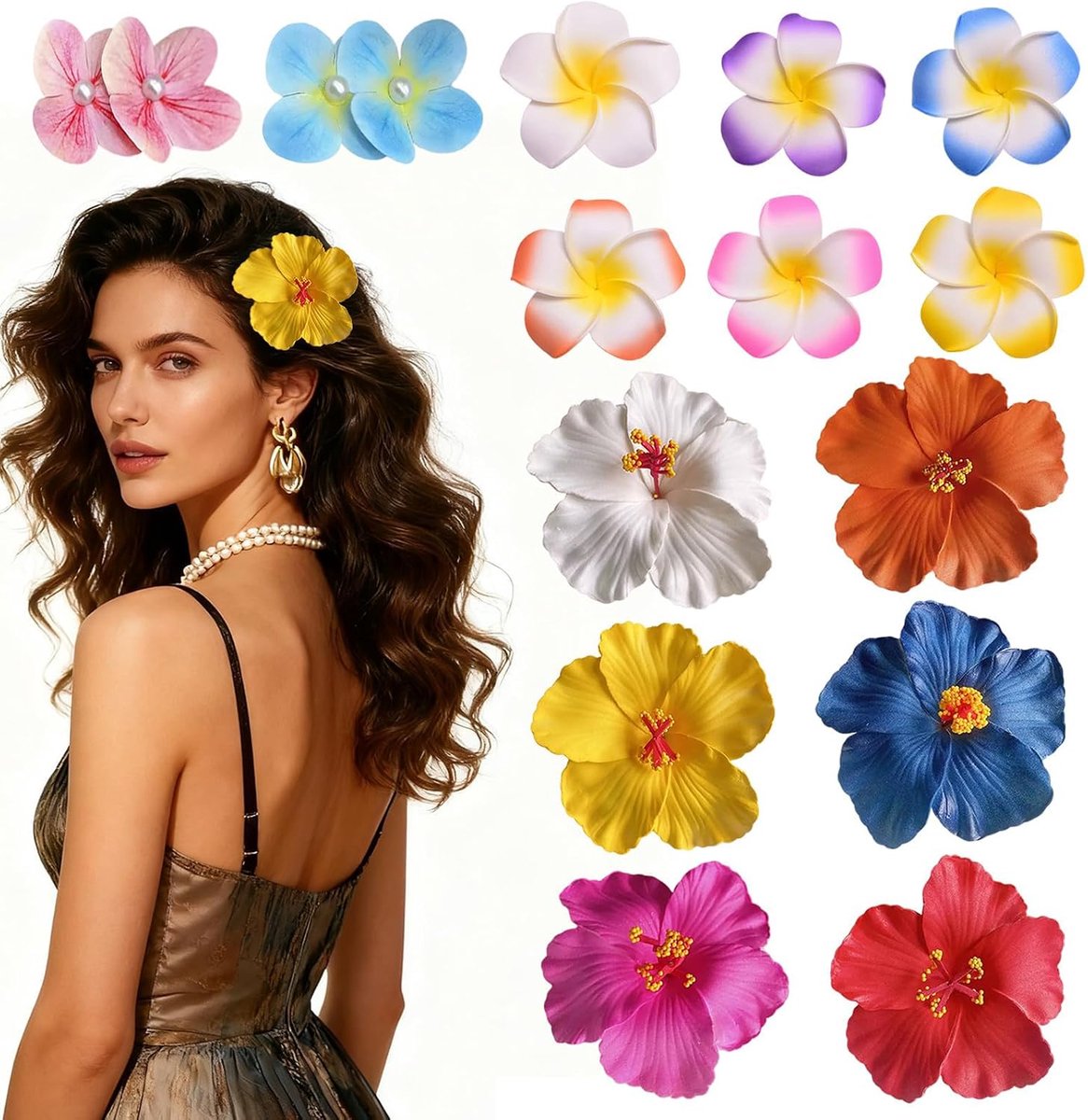 14 Haarclips met Hawaiiaanse bloemen, 9,5 cm grote hibiscus-haarclips, geschikt als haaraccessoires voor dames van kunstbloemen, ideaal voor vakantievieringen, aan het strand en op zandstranden