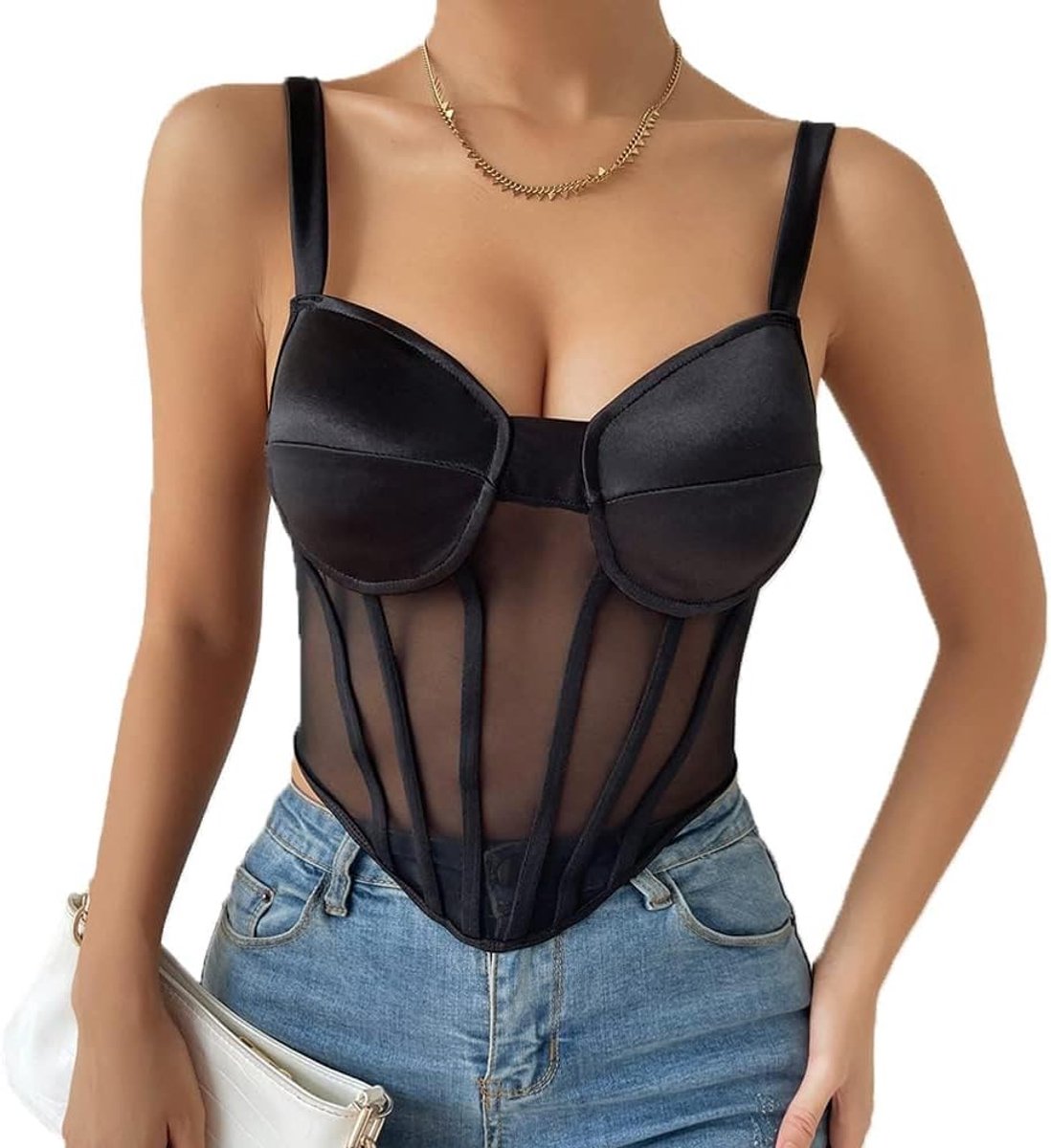 Tanktop voor dames, tanktop, zomer, V-hals, transparante netstof, mouwloos, elegant, sportkleding, casual, feest