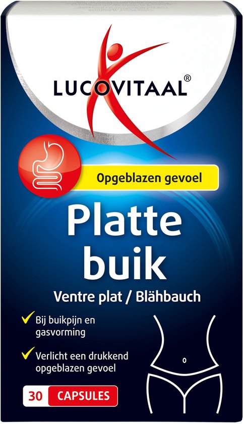Lucovitaal Platte Buik capsules, 30 stuks. Helpt bij opgeblazen gevoel, buikpijn en gasvorming. Met afbeelding van een maag en een buik.