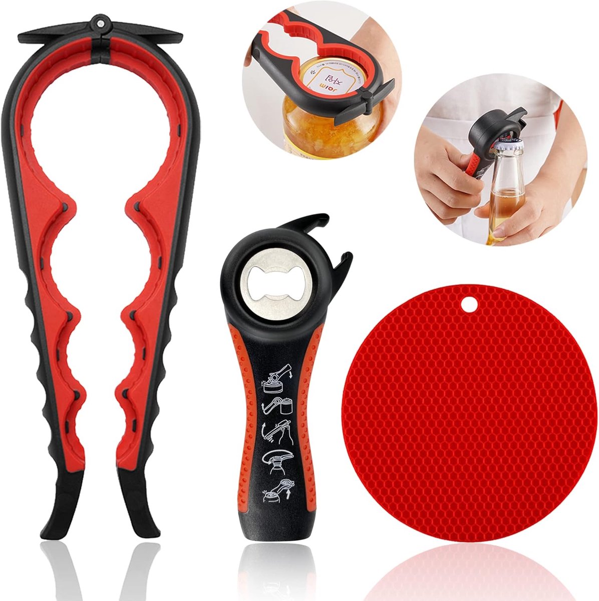 Potopener voor zwakke handen, senioren met artritis, 5-in-1 multifunctionele flesopener dekselopener voor artritische handen met antislip rubberen kruikopener Gripper Pad