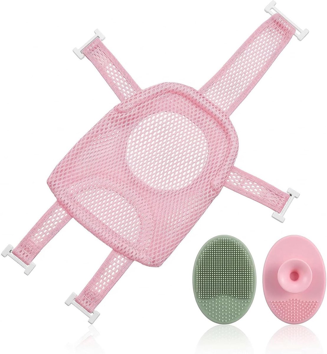 1 x antislip badhangmat voor baby's, zithouder voor pasgeborenen, opvouwbaar en draagbaar, twee shampooborstels inbegrepen (5 hoeken) (roze)
