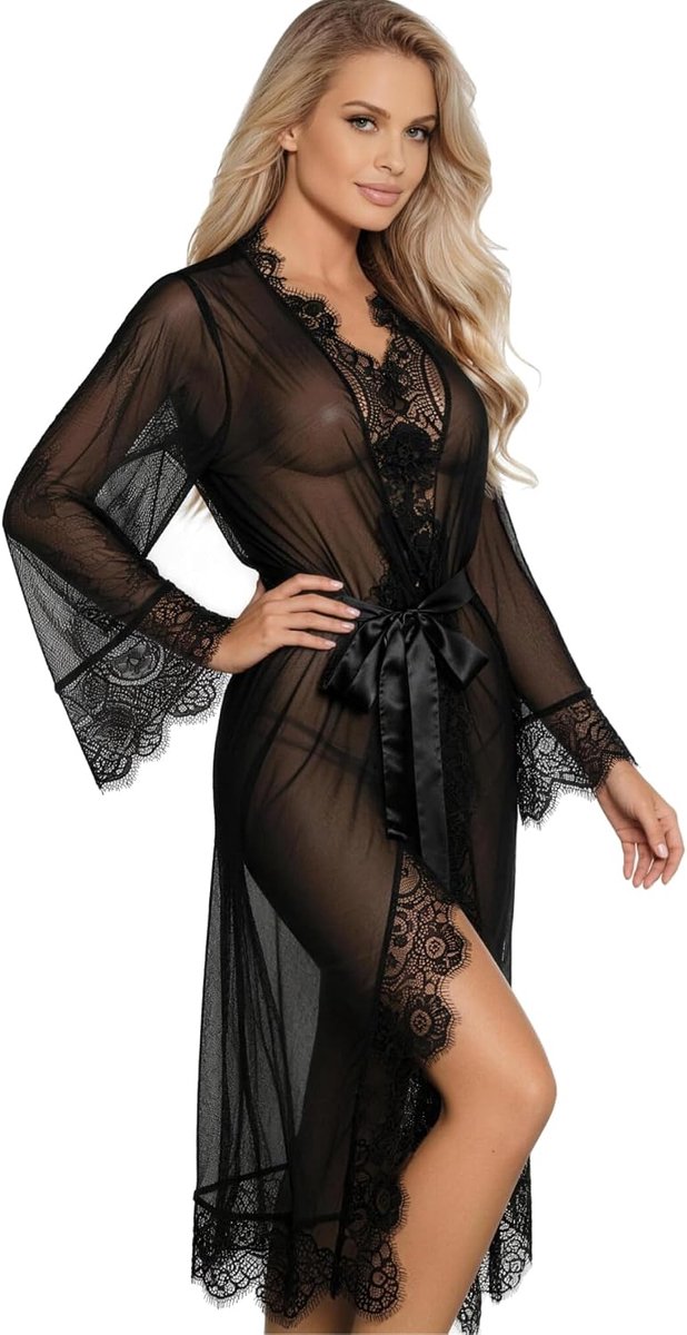 Ohmydear Kimono, open, dames, grote maat, nachthemd, lange mouwen, babydoll, kant, met riem, lange badjas, transparante jurk, lingerie, warm ondergoed