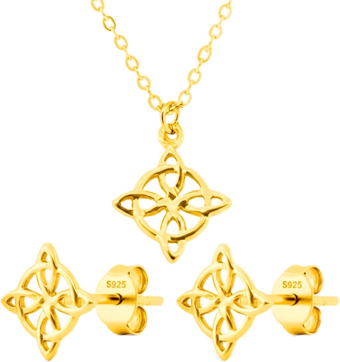 Faith Halsketting en oorbellen minimalistische heksenknoop met geschenkdoos, Keltische sieradenset, 925 sterling zilver, ketting 45 cm, 1 cm, goud en zilver