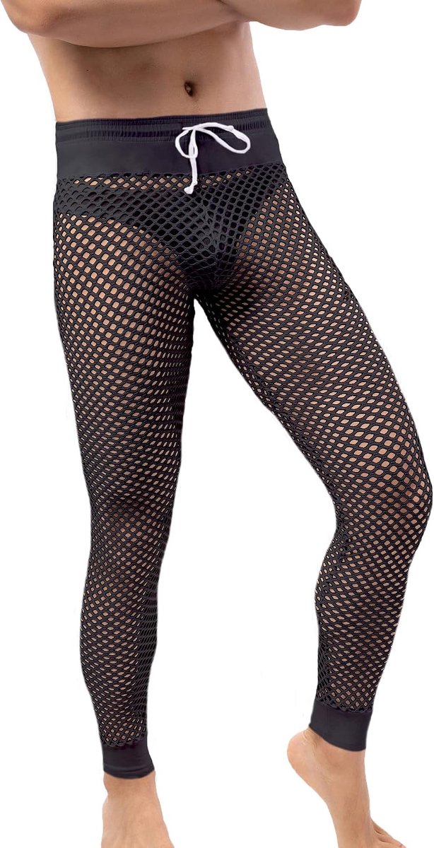 Visnet broek voor heren, doorzichtige spierleggings, rekbare lange broek met trekkoord