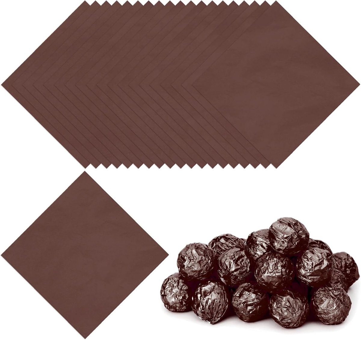 Folie Snoepwikkels 15x5 inch, 100 stuks vierkant glanzend aluminiumfolie snoep inpakpapier voor doe-het-zelf chocolade snoepjes verpakking decoratie, bruin
