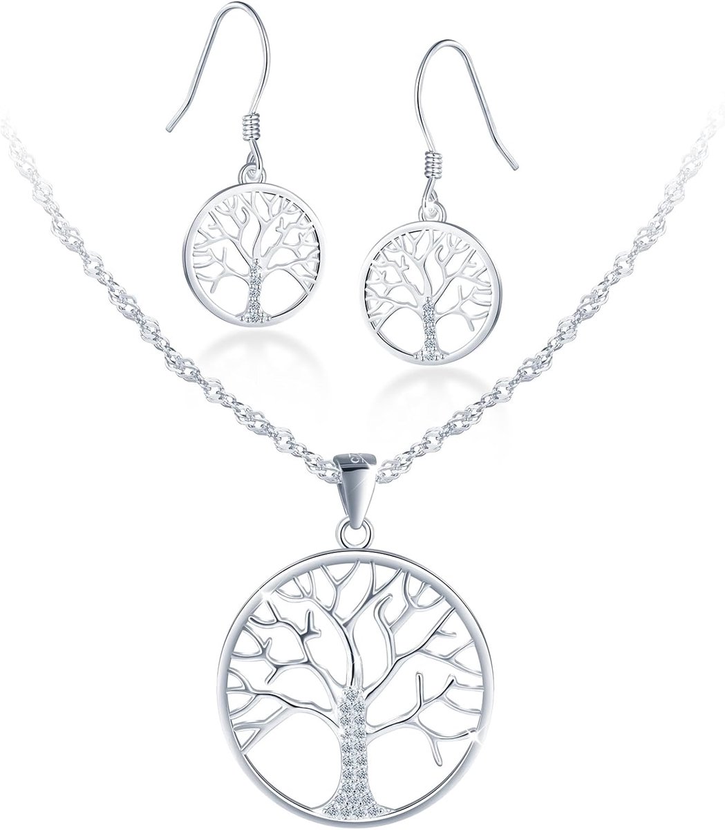 Zilver 925 voor dames, levensboom, hanger halsketting en oorbellen, set met zirkonia, 45 cm ketting, zilveren sieradenset voor vrouwen, moeder, echtgenote, vriendin
