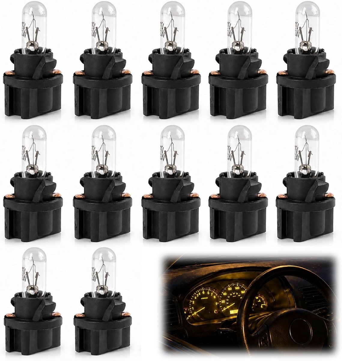 10 stuks DC 12 V 1,2 W dashboardlamp, knipperlicht, warmwit, helder, met zwarte lamphouder, voor auto, interieur, ledlamp voor auto