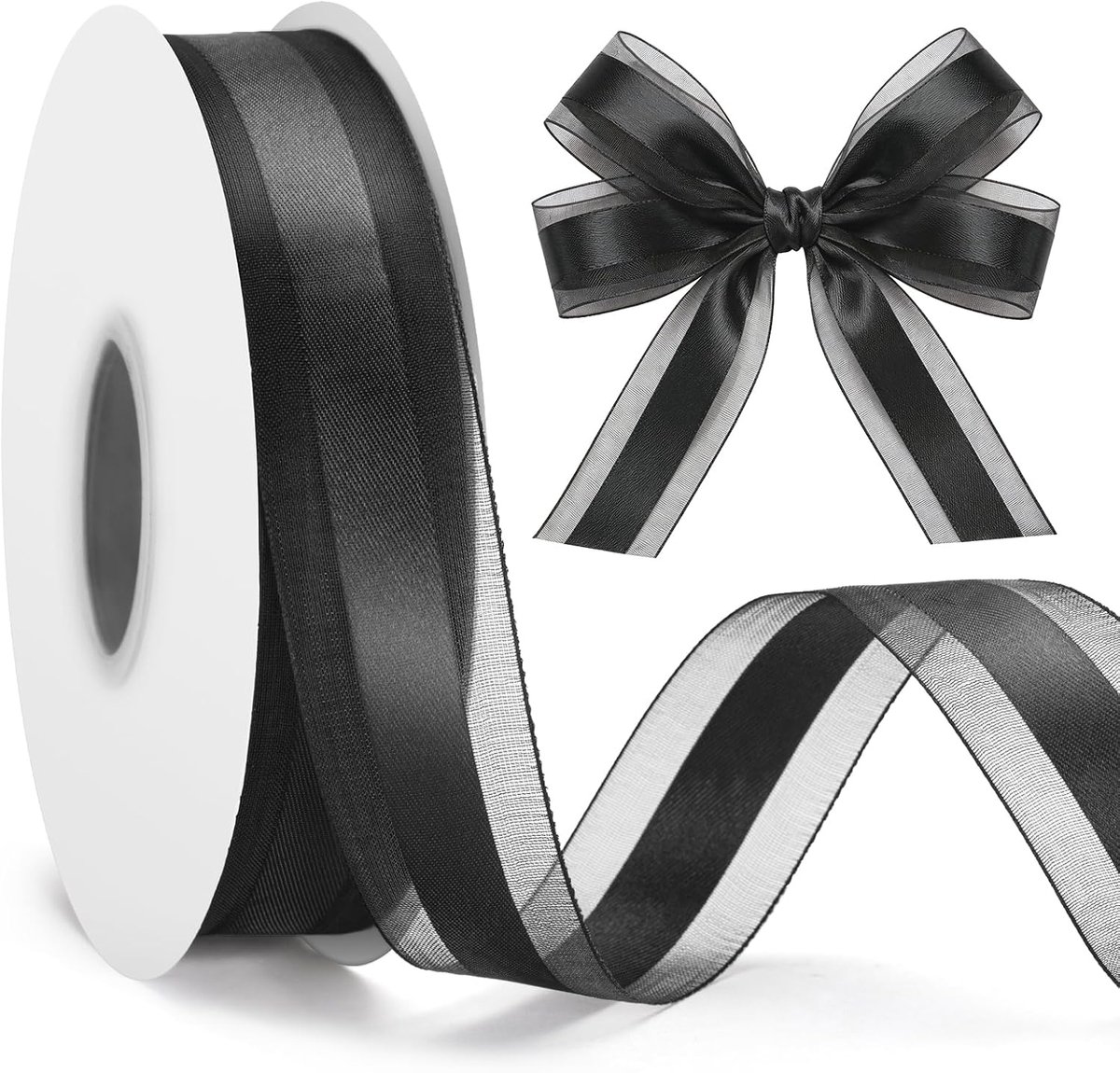 Organza lint zwart: 25 mm x 50 yard (44 m) - transparant organza lint voor geschenken, bruiloften, decoraties, handwerk, feesten en verpakkingen