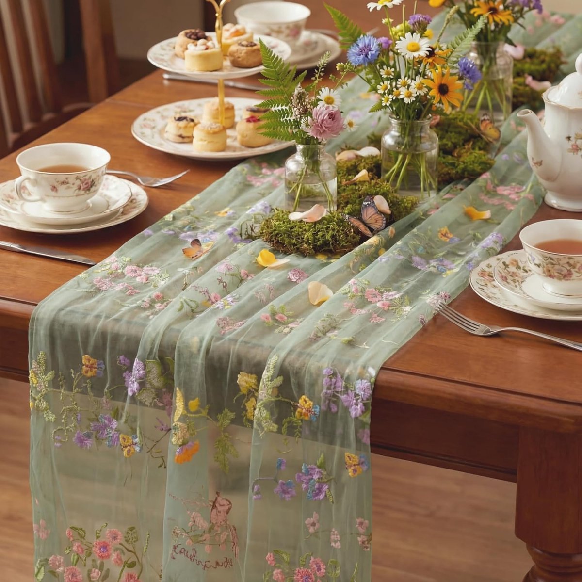 Tafelloper met bloemen, 75 x 300 cm, tule, keukendecoratie met borduurwerk, voor feesten, bruiloften, verjaardagen, groen