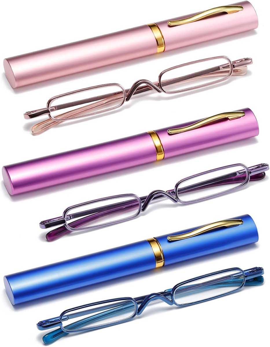 3 Pack Mini Slim Pen Leesbril - Compacte lezers met Pen Clip Case Spring Hinge Metal Frame Bril
