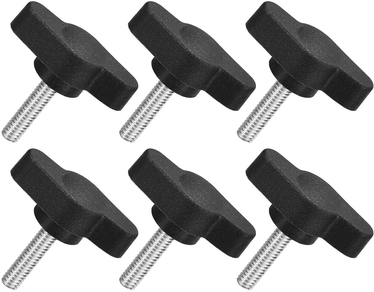 6 stuks T-vleugelgrepen met vlinder, spanknop schroef M4 x 16 mm buitendraad schroeven roestvrij staal 304 handvat 27 mm diameter voor reserveknop, zwart