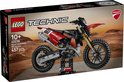 LEGO Technic Ducati Desmo450 MX Factory motorfiets, 457 onderdelen, op display stand.
