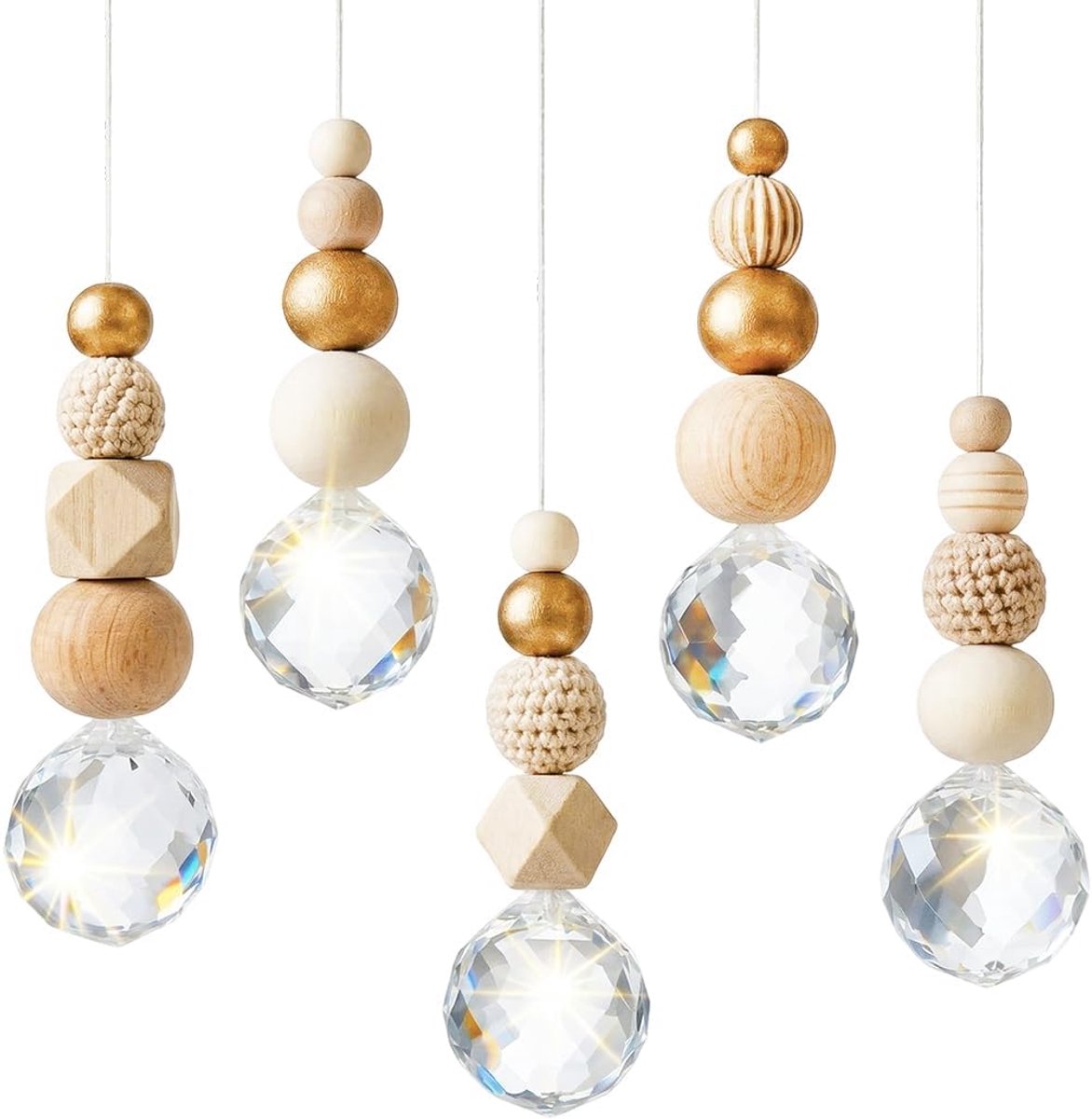 Zonnevangers, 50 mm, handgemaakte raamdecoratie met houten en kristallen kralen, regenboog-suncatcher, boho windspel en lichtspel voor ramen, woonkamer, tuin en terras