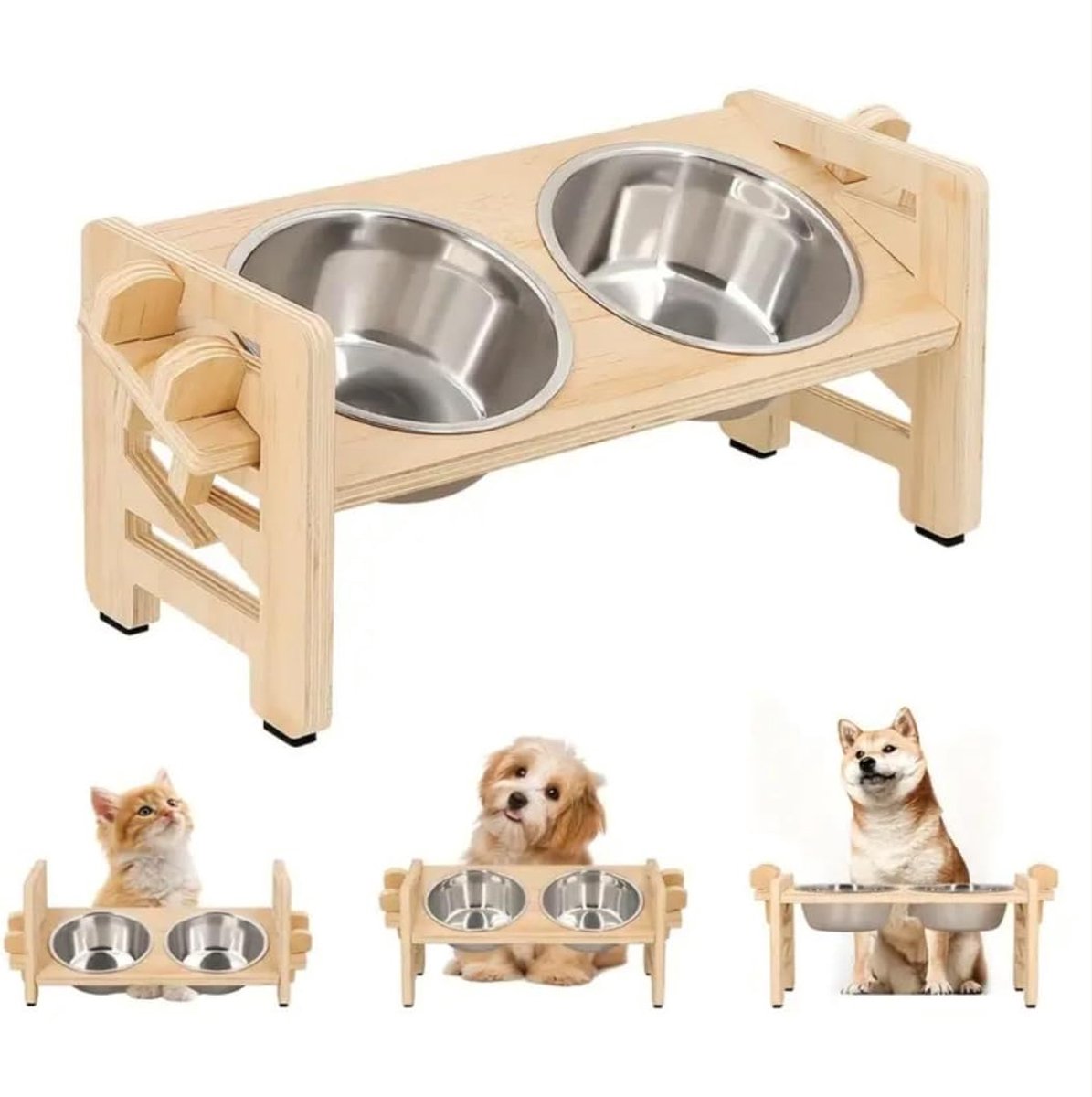 Keukenbak op standaard van bamboe, verstelbaar, 6 posities, 2 kommen van roestvrij staal, voor honden en katten