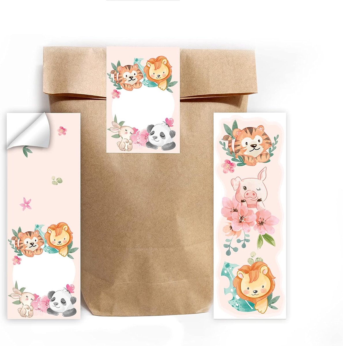 12 bladwijzers + 12 geschenkzakjes (natuur) + 12 stickers dieren cadeautjes gastgeschenk voor kinderverjaardag meisjes jongens jongens