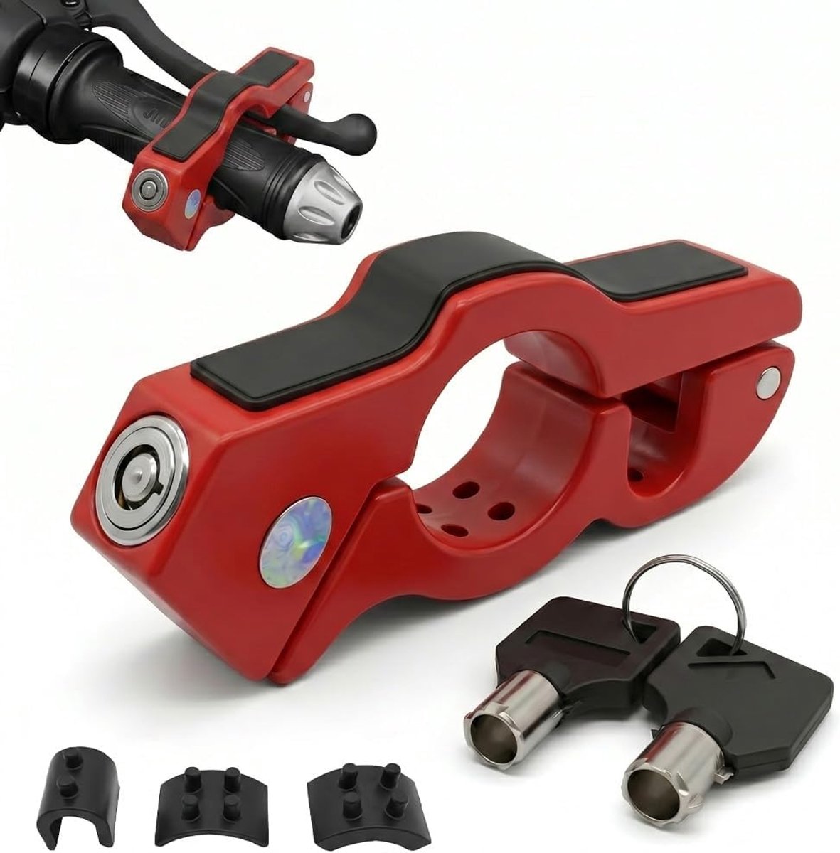 Motorslot, rood, robuust remhendelslot van aluminium, diefstalbeveiliging, stuurslot voor motorfiets, scooter, bromfiets, e-scooter, ATV en dirtbike, eenvoudige installatie