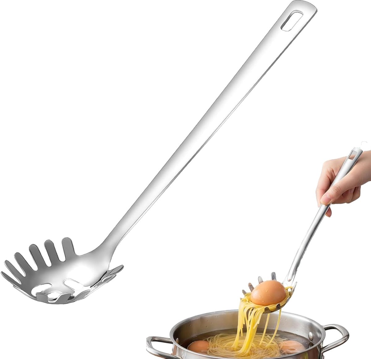 Spaghettitang, gekartelde pastalepel van roestvrij staal, metalen pastavork, keukengerei, hittebestendig, vaatwasmachinebestendig