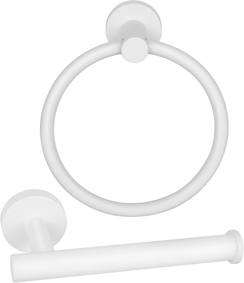 Toiletrolhouder en handdoekringset - wit SUS304 roestvrij staal, 2-delige badkamerhardwareset met 180° draaibare handdoekhouder, wandgemonteerde toiletrolhouder, 22 mm bevestigingscentra