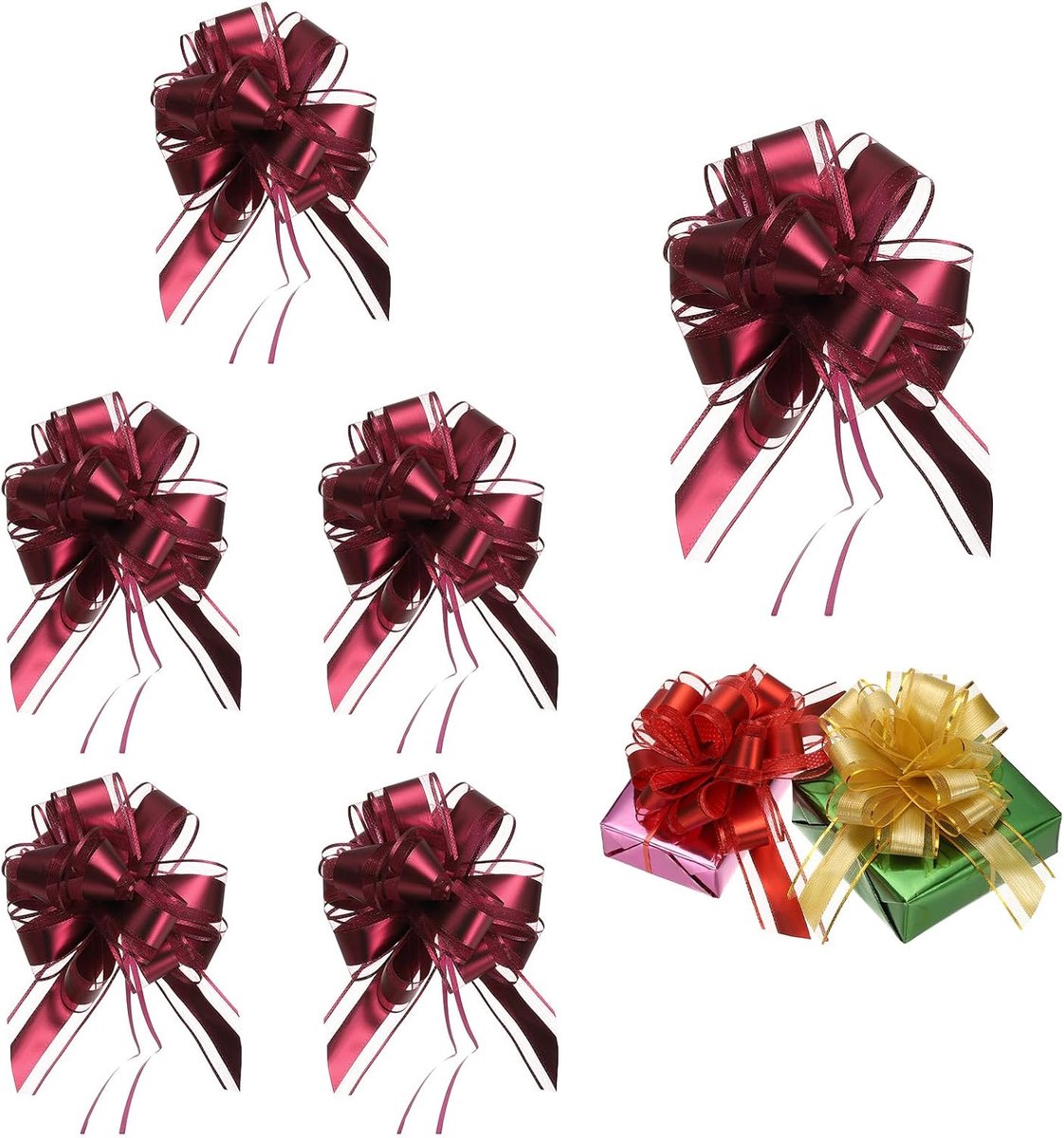 6 stuks grote trekboog geschenkverpakking, 22,5 cm lint organza wijnrode strikken voor geschenkverpakking, bruiloftsmanden auto