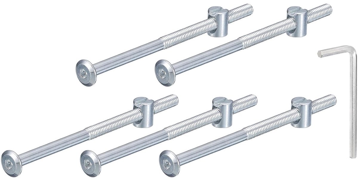 Zeskantschroeven, moeren, 5 stuks, M6 x 110 mm, meubelstopcontact, bedbouten, vatmoeren met sleutel voor bedstoelen, zilver